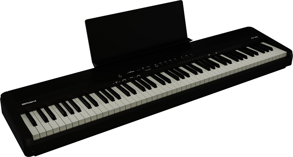 Roland FP-40 Digital Piano in Schwarz mit 88-Tasten-PHA-4-Tastatur und Notenhalter.