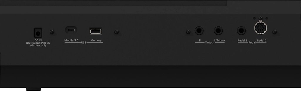 Anschlüsse des Roland FP-40 Digital Pianos mit USB-C, USB-A, Stereo-Ausgängen und Pedalbuchsen.