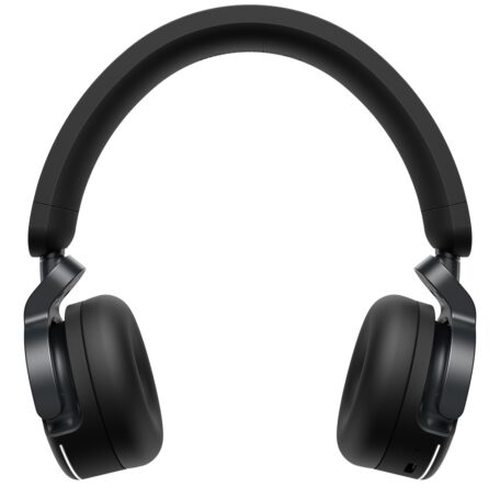 AlphaTheta HDJ-F9 in Schwarz, Frontansicht mit gepolstertem Kopfbügel, On-Ear-Polstern und weißen Status-LEDs.