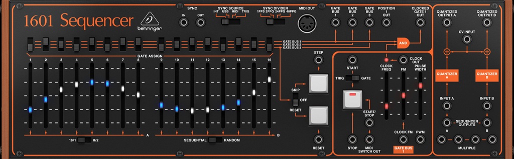 Behringer 1601 Sequencer in Draufsicht mit 16 Step-Fadern, Gate-Schaltern, Clock-Reglern und zwei Quantisierern.