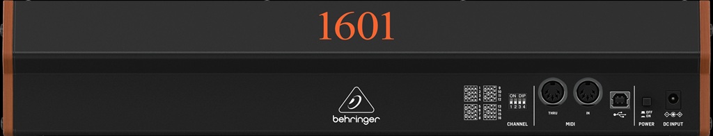 Rückseite des Behringer 1601 Sequencers mit MIDI In, MIDI Thru, USB-B, DIP-Schaltern und Netzteilanschluss.
