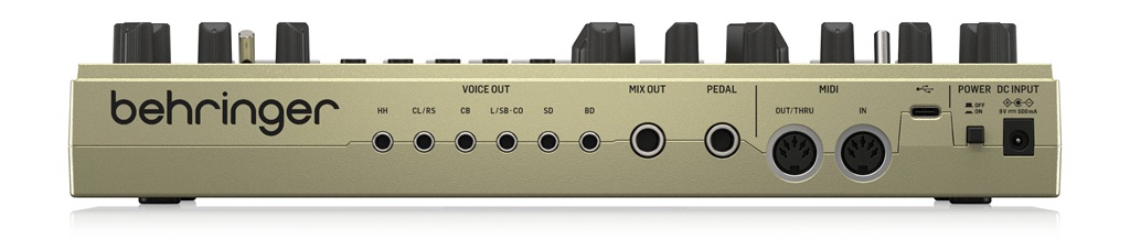 Rückseite der Behringer MINI POPS 7 mit sechs Voice-Ausgängen, Mix Out, Pedalanschluss, MIDI In und Out/Thru sowie USB-C.