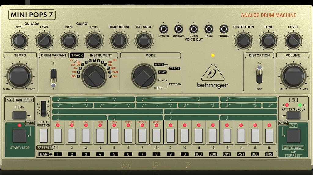 Behringer MINI POPS 7 Analog-Drum-Machine mit goldfarbener Bedienoberfläche, 16 Step-Tastern und Reglern für Quijada, Guiro und Distortion.