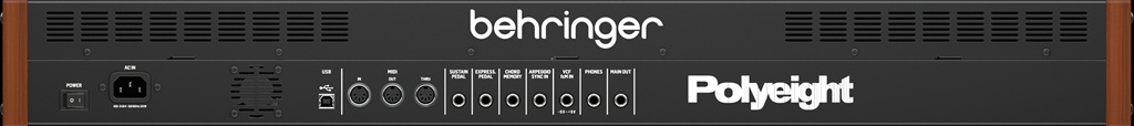 Rückseite des Behringer POLYEIGHT mit USB-B, MIDI-Buchsen, Pedaleingängen, Filter-CV-Eingang und Audioausgängen.