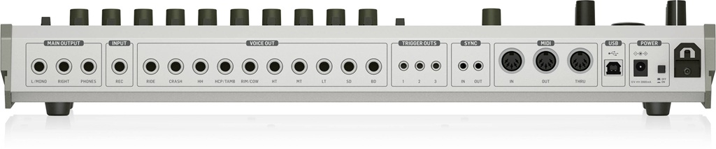 Rückseite der Behringer RD-765 mit zehn Einzelausgängen, Sampling-Eingang, MIDI In/Out/Thru, USB sowie Sync- und Trigger-Anschlüssen.