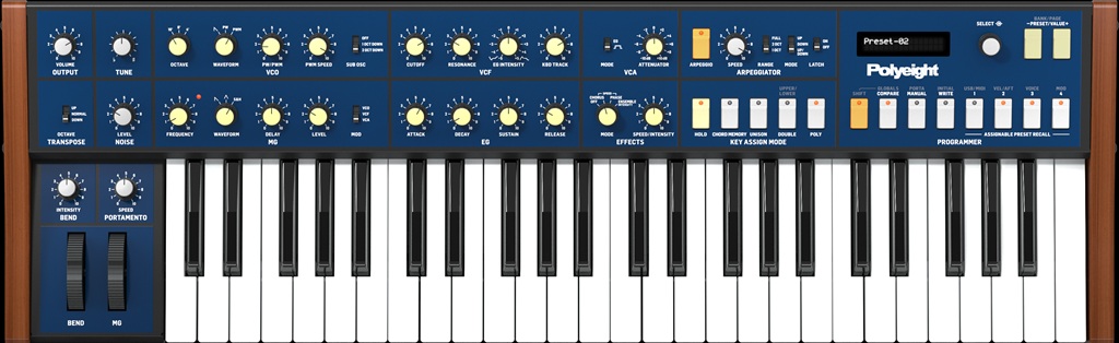 Behringer POLYEIGHT in Draufsicht mit 49 Tasten, blauem Bedienpanel, Synthesizer-Reglern, Arpeggiator und LCD.