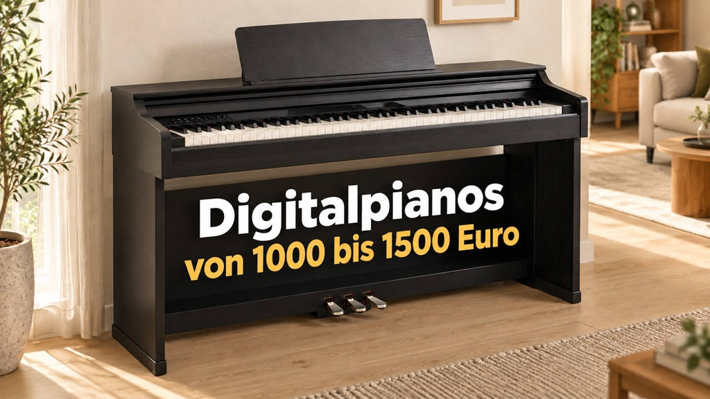 Schwarzes Digitalpiano mit drei Pedalen im Wohnzimmer und Schriftzug „Digitalpianos von 1000 bis 1500 Euro“.