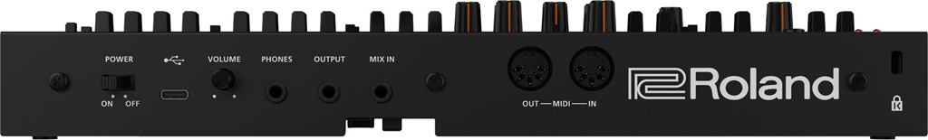 Rückseite des Roland JUPITER-08 mit USB-C, MIDI In/Out, Kopfhöreranschluss, Stereoausgang und Mix-Eingang.