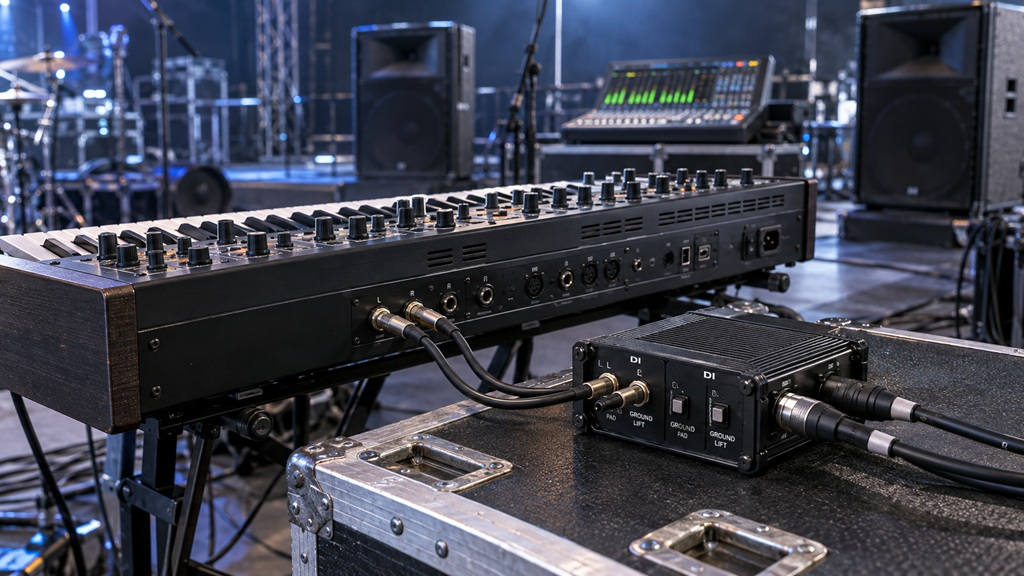 Synthesizer mit Stereo-DI-Box und angeschlossenen Klinken- und XLR-Kabeln auf einer Bühne, dahinter Mischpult und PA-Lautsprecher.