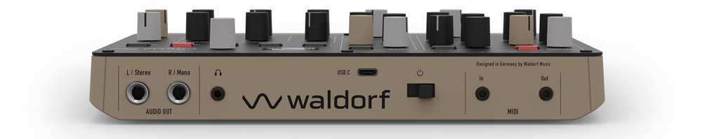 Rückseite des Waldorf Crema mit zwei Audioausgängen, Kopfhörerbuchse, USB-C, Netzschalter und MIDI In/Out.