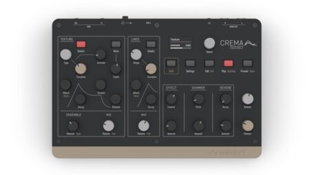 Waldorf Crema Desktop-Synthesizer von oben mit Texture- und Lines-Sektion, Display sowie Ensemble-, Shimmer- und Reverb-Reglern.