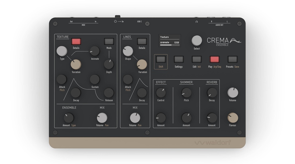Waldorf Crema Desktop-Synthesizer von oben mit Texture- und Lines-Sektion, Display sowie Ensemble-, Shimmer- und Reverb-Reglern.