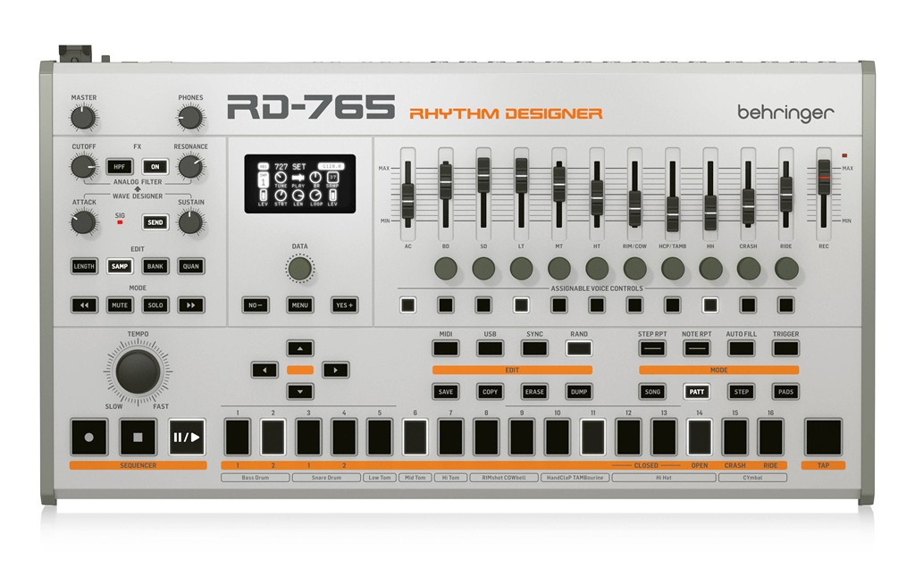 Behringer RD-765 Sampling-Drum-Machine mit Display, Instrumentenfadern, 16 Step-Pads und Reglern für Analogfilter und Wave Designer.